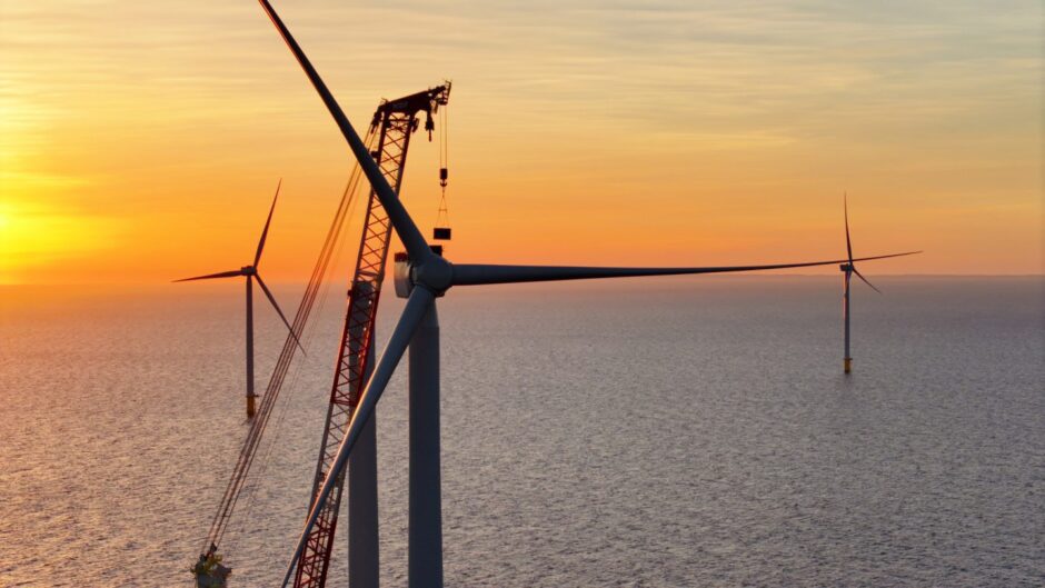 The final wind turbine going up at Ocean Winds Moray West offshore wind farm.