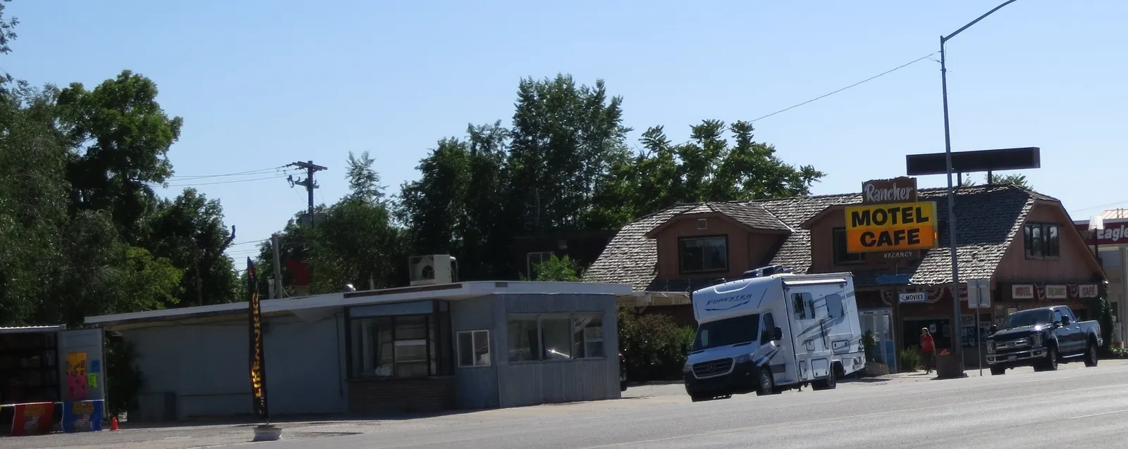 An RV parks outside a motel on Delta’s main street.