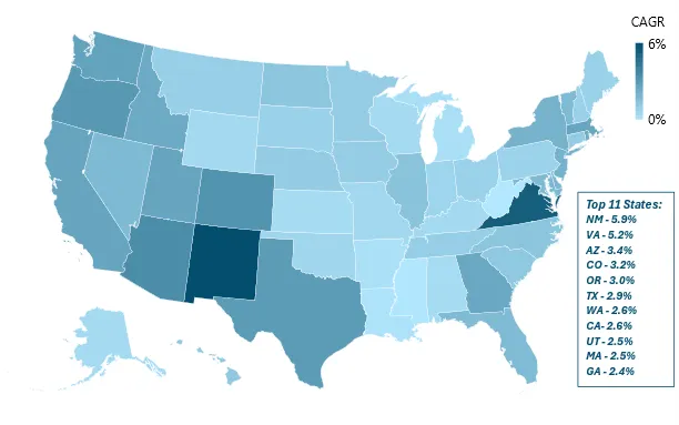 Figure 2: Annual electricity demand growth rate by state for 2023-2035 in the E3 Low scenario E3