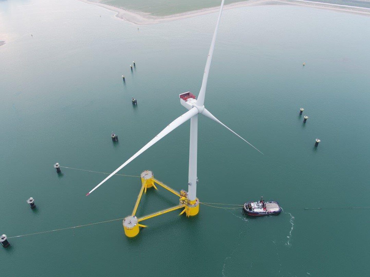 A floating turbine at Floatation Energy's Kincardine offshore wind farm.