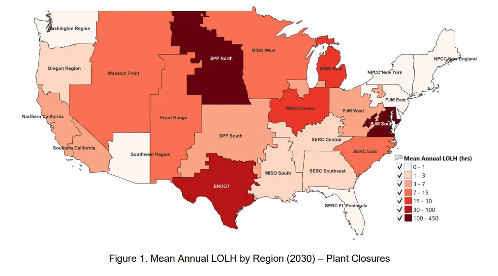 Map shows the risk of power outages in 2030 rising significantly across the United States.