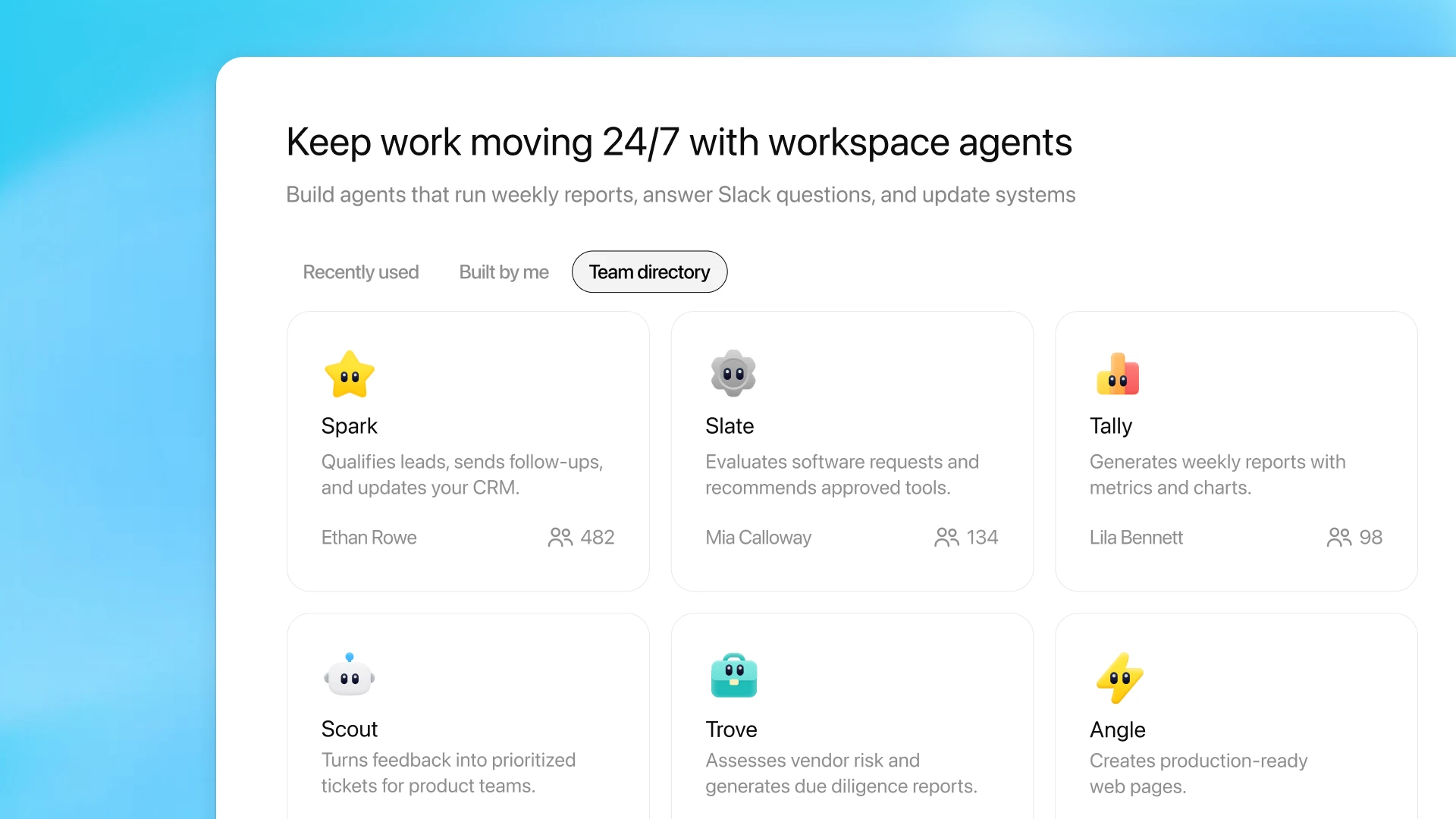 Screenshot of an agent library interface with a Team directory tab selected, displaying AI agents built by coworkers for tasks such as lead outreach, software review, weekly reporting, product feedback routing, vendor risk management, and marketing strategy.