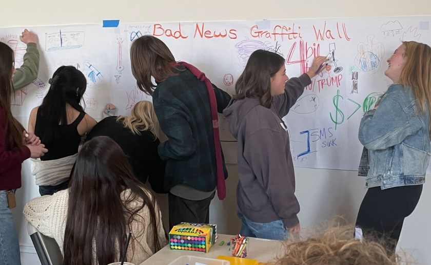 Young people clustered by a wall as they draw on a long piece of paper hanging there, at the top of which can be seen in large handwriting,