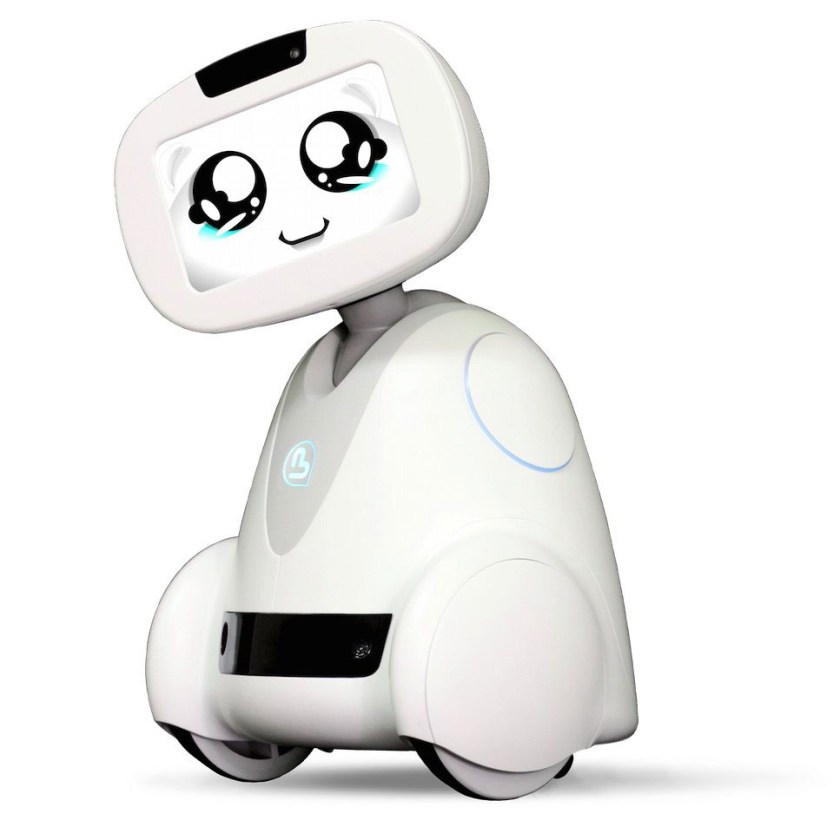 Buddy robot on two wheels with wide eyes and small smile