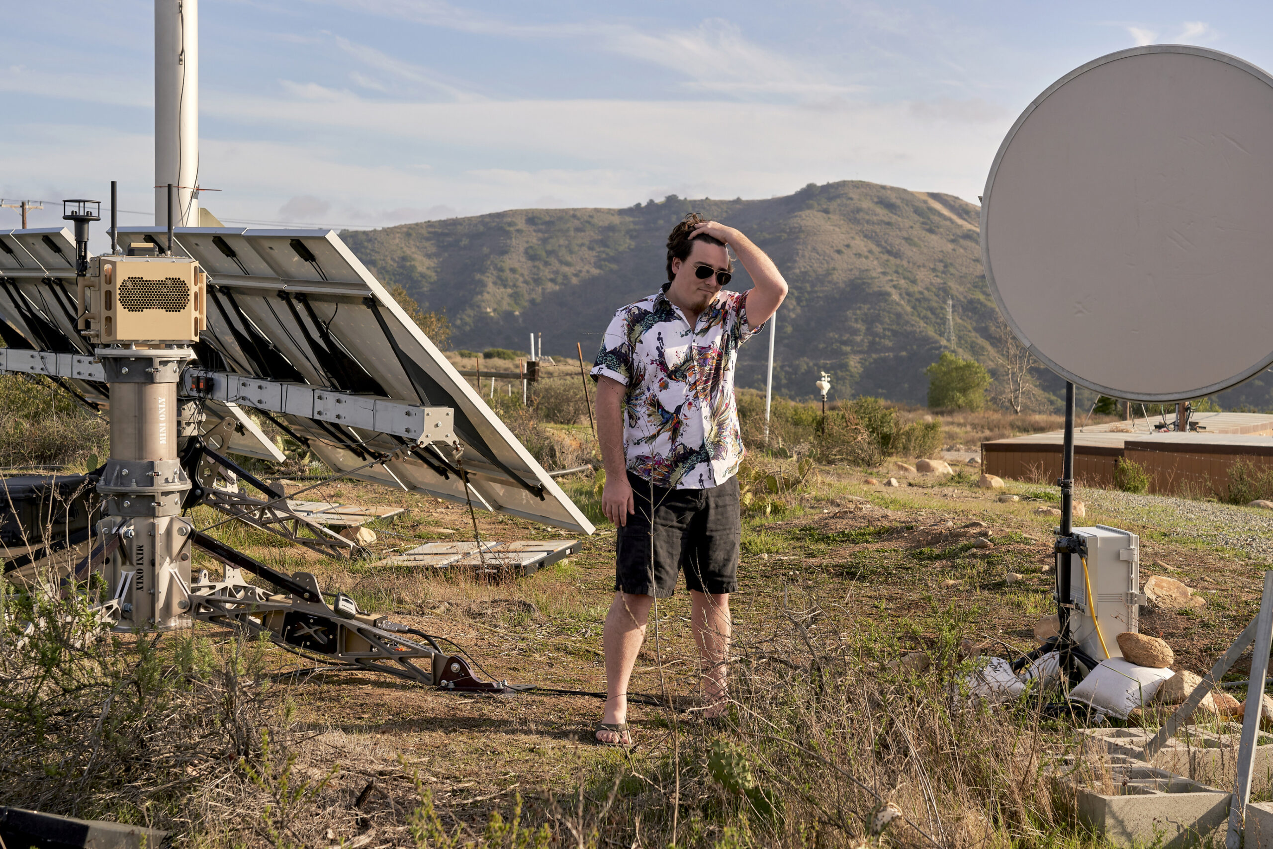 Palmer Luckey, a founder of Anduril, among the equipment at his company's testing range near Camp Pendleton in Southern California on Feb. 3, 2021.