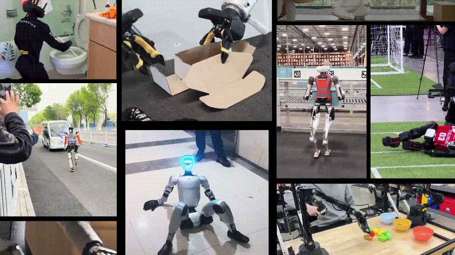 split screen of nine clips with different robots attempting tasks; some are teleoperated and a few have collided with objects or fallen.